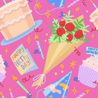 Birthday party vector seamless pattern. Cartoon illustrations of bouquet, cake, gift, card, candles. Bright modern ornament.