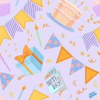 Birthday party vector seamless pattern. Cartoon illustrations of cake, candles, gift, card, festive flags. Bright modern ornament.