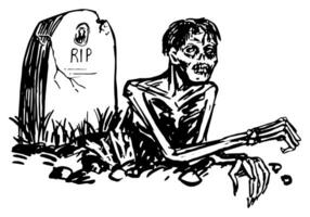 Zombie dead man crawling out of the grave, spooky monster doodle. Halloween hand drawn vector illustration in retro style. Ink sketch isolated on white.