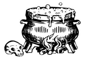 Boiling witch's cauldron doodle. Witchcraft item ink sketch isolated on white. Halloween hand drawn vector illustration in retro style.