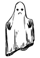 Ghost sad spooky phantom monster doodle. Halloween hand drawn vector illustration in retro style. Dark theme ink sketch isolated on white.