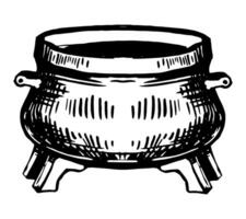 Empty cooking pot doodle. Iron witches cauldron with handle ink sketch isolated on white. Halloween hand drawn vector illustration in retro style.