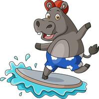 linda hipopótamo dibujos animados jugando surf vector