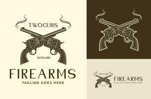 Western Crossed Gun Cowboy Gun Silhouette Revolver in Vintage Retro style vector