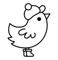 Vector black and white kawaii bird in hat and boots. Cute Christmas animal character in warm clothes isolated on white background. New Year or winter illustration. Funny line icon, coloring page