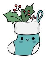 Vector colored kawaii stocking with holly leaves and berries. Cute Christmas hanging sock illustration isolated on white background. New Year or winter cartoon holiday icon