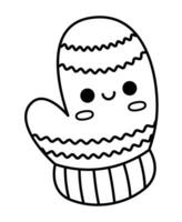 Vector black and white kawaii mitten. Cute Christmas clothes character illustration isolated on white background. New Year or winter smiling warm glove. Funny line icon, coloring page