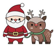 Vector colored kawaii Santa Claus with deer. Cute Father Frost illustration isolated on white. Christmas, winter or New Year character with reindeer. Funny cartoon holiday icon