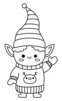 Vector black and white kawaii elf in hat, mittens and sweater. Cute Christmas character illustration isolated on white. New Year or winter smiling dwarf. Funny line icon, coloring page