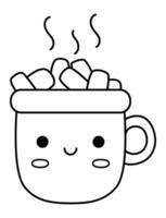 Vector black and white kawaii cacao cup with marshmallow. Cute Christmas mug character illustration isolated on white. New Year or winter smiling crockery. Funny line icon, coloring page