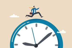 hora correr afuera, fecha límite o prisa a Vamos a el oficina tarde, urgencia o determinación a terminar trabajo rápido, estresado o ansiedad a completar trabajo concepto, prisa empresario correr rápido en hora correr fuera reloj. vector