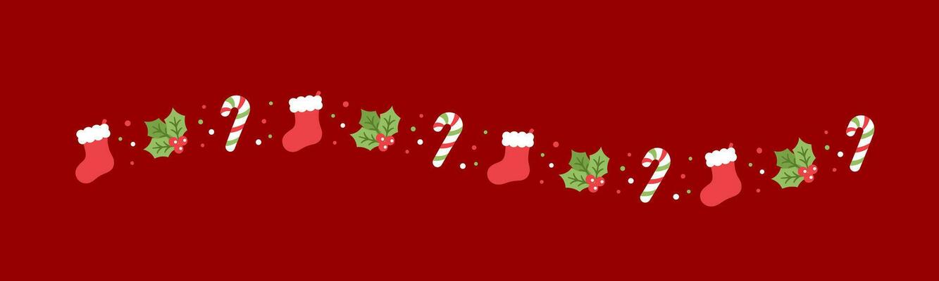 Christmas themed decorative wavy line border and text divider, Christmas Stocking, Candy Cane and Mistletoe Pattern. Vector Illustration.
