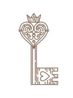 Vintage key in the Gothic style. A filigree heart with a crown. Magic items, fantasy, boho. Halloween, Valentines Day. witchcraft. For logo, posters, cards, banners, design elements. vector