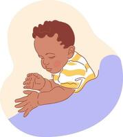 Cute little black baby boy or girl in a striped t-shirt is sleeping. Soft pillow. Bedtime. Sleep expert emblem. Calm healthy childrens sleep. Sleep training. The final illustration in a sketch style. vector