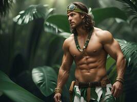 portrait of handsome young man posing in the jungle with a big chest. photo