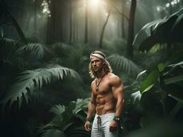 portrait of handsome young man posing in the jungle with a big chest. photo