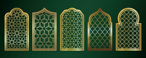dorado amadan ventanas islámico puerta marcos con ornamento. Arábica mezquita arco en verde antecedentes. islámico vector decoración