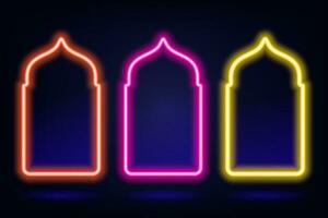 Ramadan islamic frame. Vector neon arch shape on dark background. Muslim door and window. Arabian bright template set.