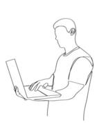 One line drawing of a man working with a laptop. Trendy one line draw design graphic vector illustration.