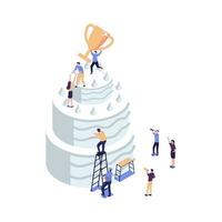 leadership qualities in a creative team, direction to a successful path, little people standing on a large cake are happy for the winner, a successful career path vector