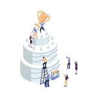 leadership qualities in a creative team, direction to a successful path, little people standing on a large cake are happy for the winner, a successful career path vector