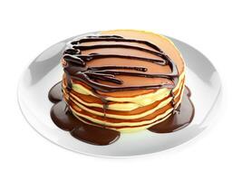 stack of pancakes with chocolate and syrup on plate isolated on white background photo