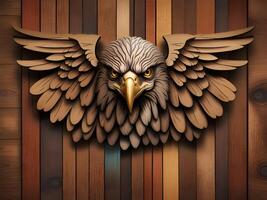 illustration of a bird head with wings and eagle on wooden wall photo