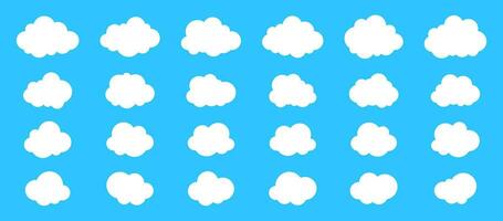 Big set of fluffy clouds icons in flat style isolated on blue background. Cloud vector collection.