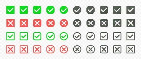 White check mark and cross icon set, green and red circle and square. Vector illustration checkmark icon set.