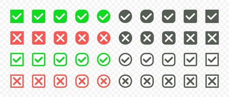 White check mark and cross icon set, green and red circle and square. Vector illustration checkmark icon set.