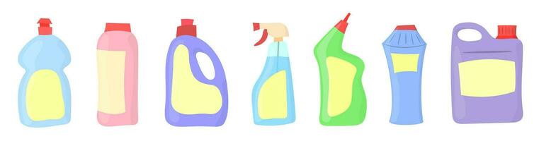 Most Popular Detergent bottles household chemicals composition. Colorful bottles of various shapes. vector