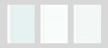 Set of 3 simple vector paper illustration. Paper in a cell and a line from block isolated on gray background.