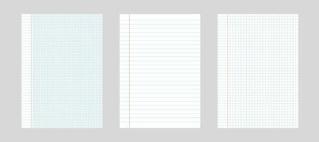 Set of 3 simple vector paper illustration. Paper in a cell and a line from block isolated on gray background.