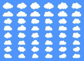 Big set of  fluffy clouds and with flat bottom cloud icons in flat style isolated on blue background. Cloud vector collection.