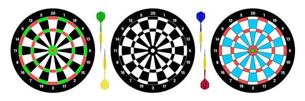 Three classical Dartboards for playing darts. Four darts for game. Flat style. isolated vector