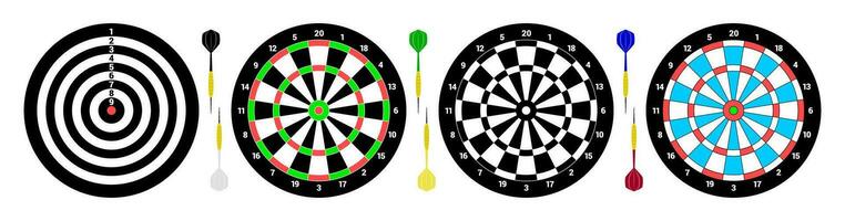 Four classical Dartboards for playing darts. Six darts for game. Flat style. isolated vector