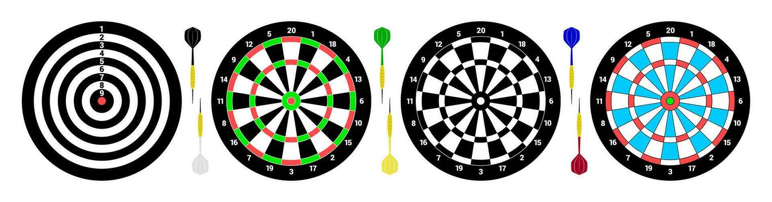Four classical Dartboards for playing darts. Six darts for game. Flat style. isolated vector