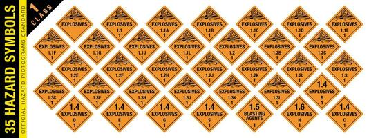 Full set of 35 Class 1 isolated hazardous material signs. Explosive materials. Hazmat isolated placards. Official Hazard pictograms standard. vector