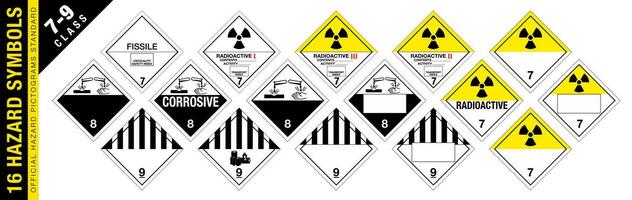 Full set of 16 Class 7-9 isolated hazardous material signs. Radioactive, corrosive, fissile, Corrosive Materials. Hazmat isolated placards. Official Hazard pictograms standard. vector