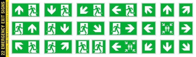 Full set of 22 isolated Emergency exit symbols on green rectangle board. Official ISO 7010 safety signs standard vector