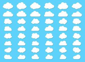 Big set of  fluffy clouds and with flat bottom cloud icons in flat style isolated on blue background. Cloud vector collection.