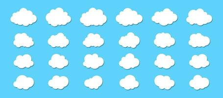 Set of clouds with shadow. Fluffy clouds collections in flat style isolated on blue background. vector