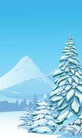 Vertical scene with falling snow. Snow-covered trees, firs against the backdrop of forests and mountains. Vector illustration. Christmas scene.