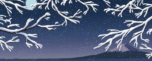 Horizontal vector winter illustration. Bare tree branches are covered with white snow on Mount Fuji. Snowfall in the night forest. Cartoon style. Vector.