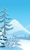 Vertical scene with falling snow. Snow-covered trees, firs against the backdrop of forests and mountains. Vector illustration. Christmas scene.