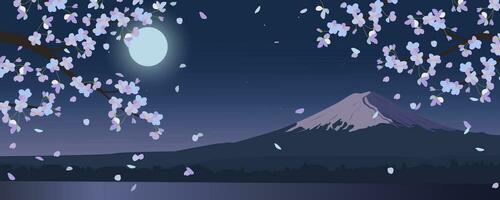 el Luna creciente terminado montar fuji, colgando ramas de japonés sakura primavera noche. horizontal vista, hanami tiempo. diseño para viaje pancartas, viajar, invitaciones un paisaje con un estrellado cielo. vector