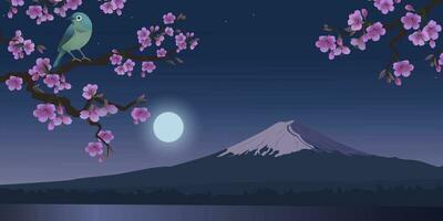 Realistic graphics of Uguisu bird and Sakura tree on a background of Moon. Japanese Nightingale on a branch of blossoming cherries. Vector illustration. Fujiyama mountain at night.