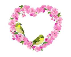 Valentine's day card with pink heart-shaped flowers and a pair of Japanese nightingales. Vector illustration. A wreath of cherry blossoms. Cherry blossoms in spring. Symbol of love.