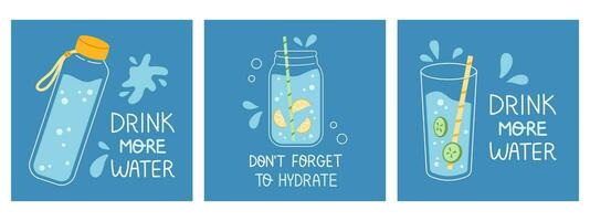 Vector drink more water illustration set. Trendy water dark poster or banner compositions. Cards collection of glass, jar and bottle of water. Dont forget to hydrate. Dark blue background.