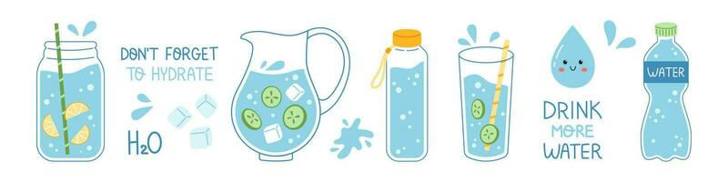 Vector drink more water set. Trendy water banner. Collection of glass, jar, bottle and jug of clean water with slice of cucumber and lemon. Dont forget to hydrate.